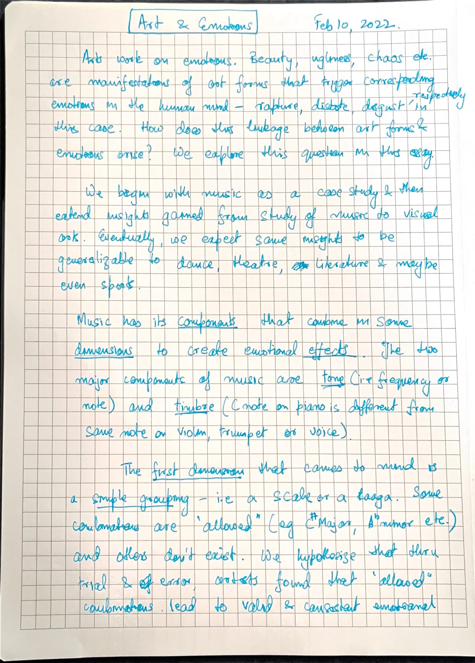 First handwritten page of the Art and Emotions entry, dated 10 February 2022, on squared paper.