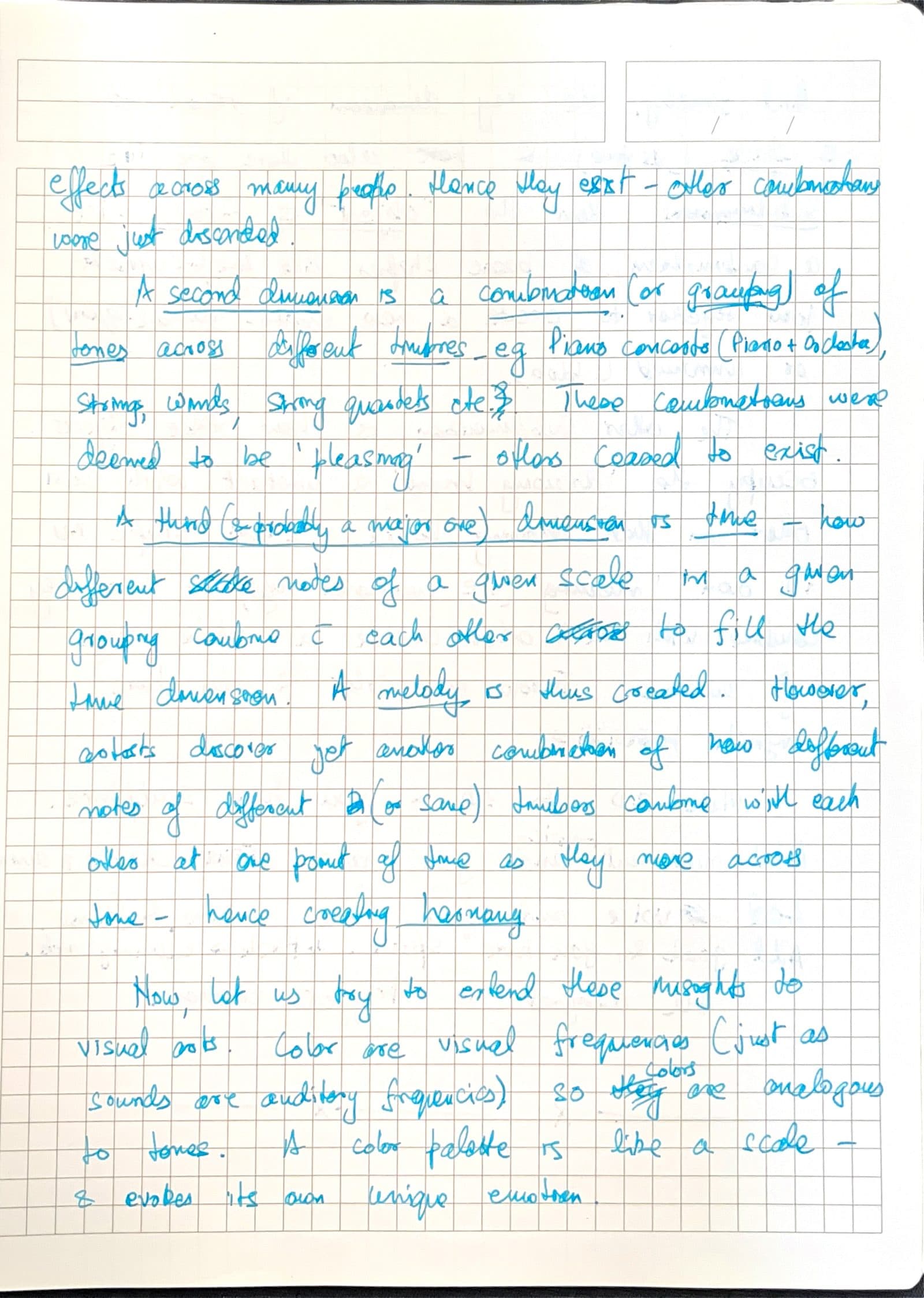 Second handwritten page of the Art and Emotions entry, on melody, harmony, and colors as visual frequencies.