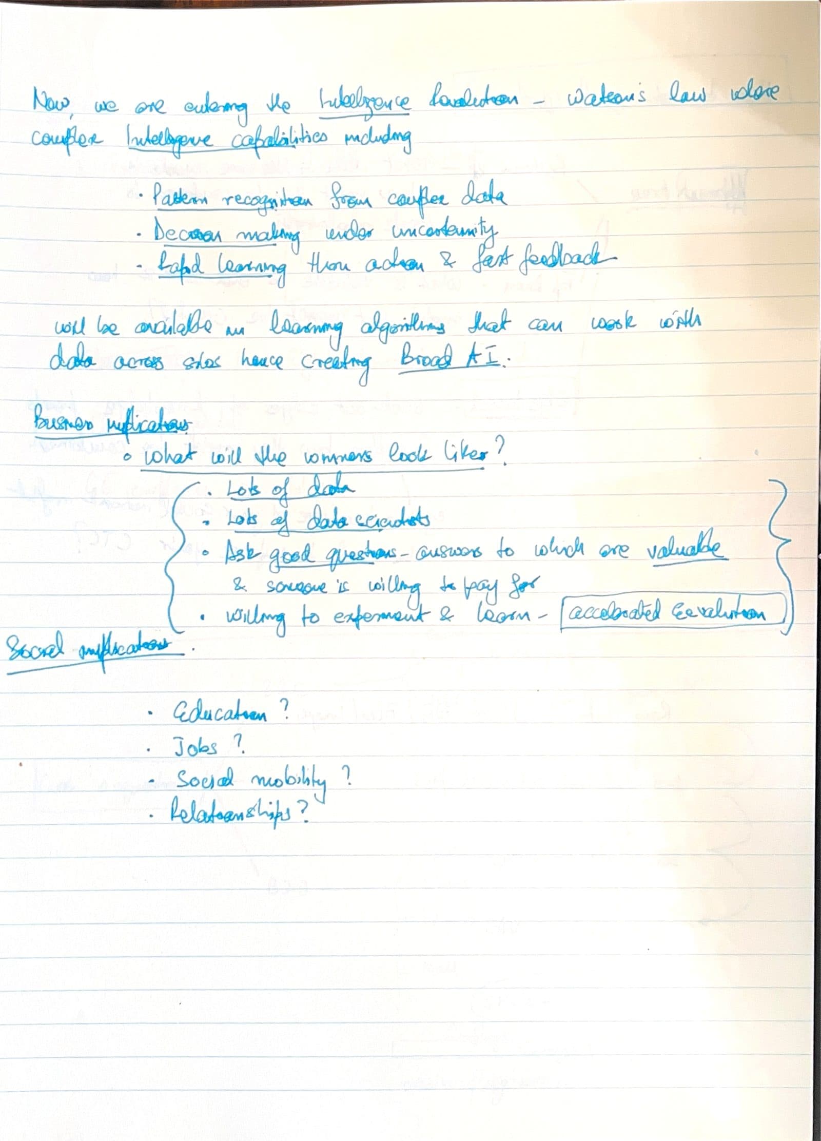 Handwritten notebook page dated November 2017, headed by the line: Now, we are entering the Intelligence Revolution.