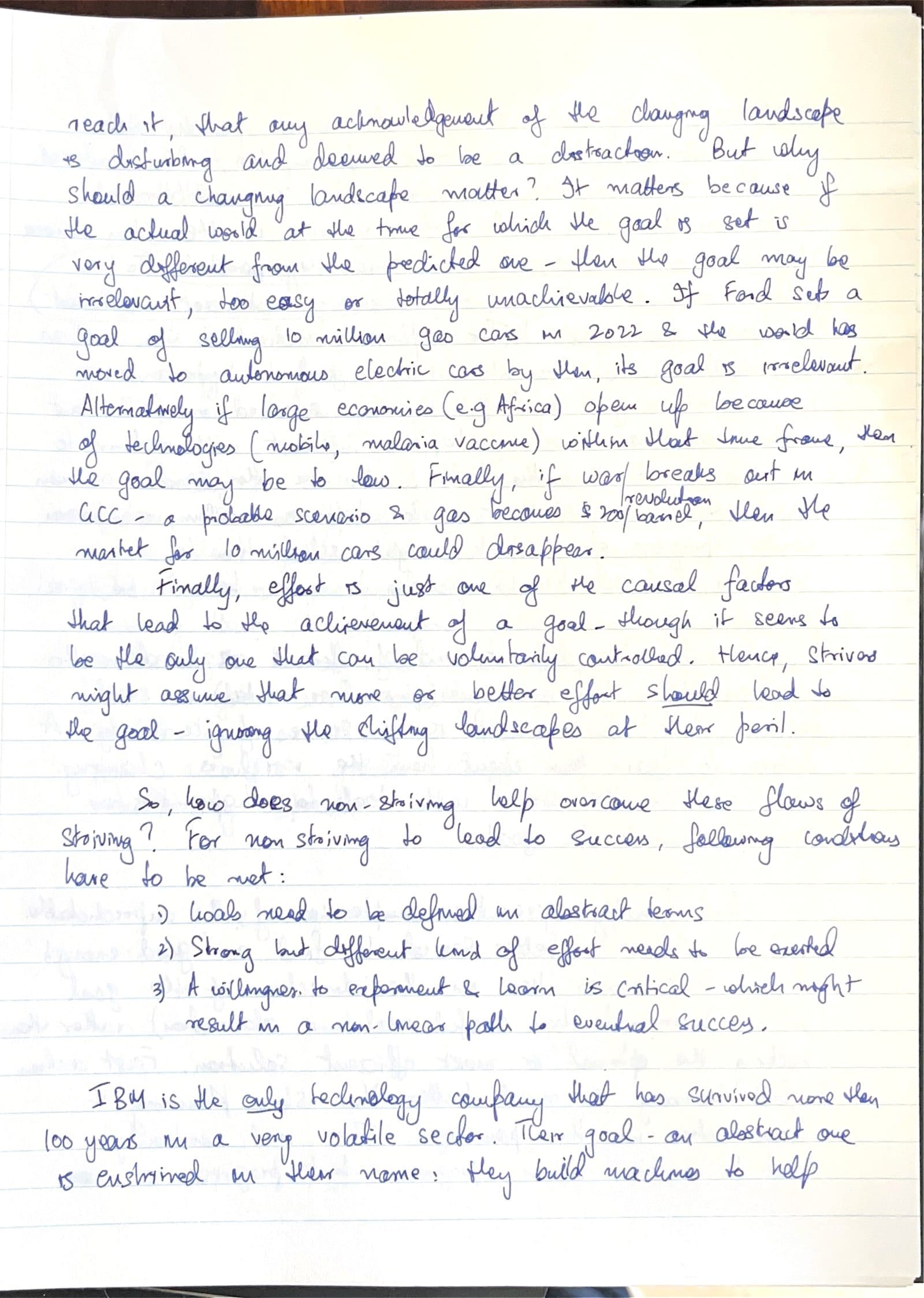 Second handwritten page of the Non-striving entry, on Ford, gas cars in 2022, and the three conditions of non-striving.