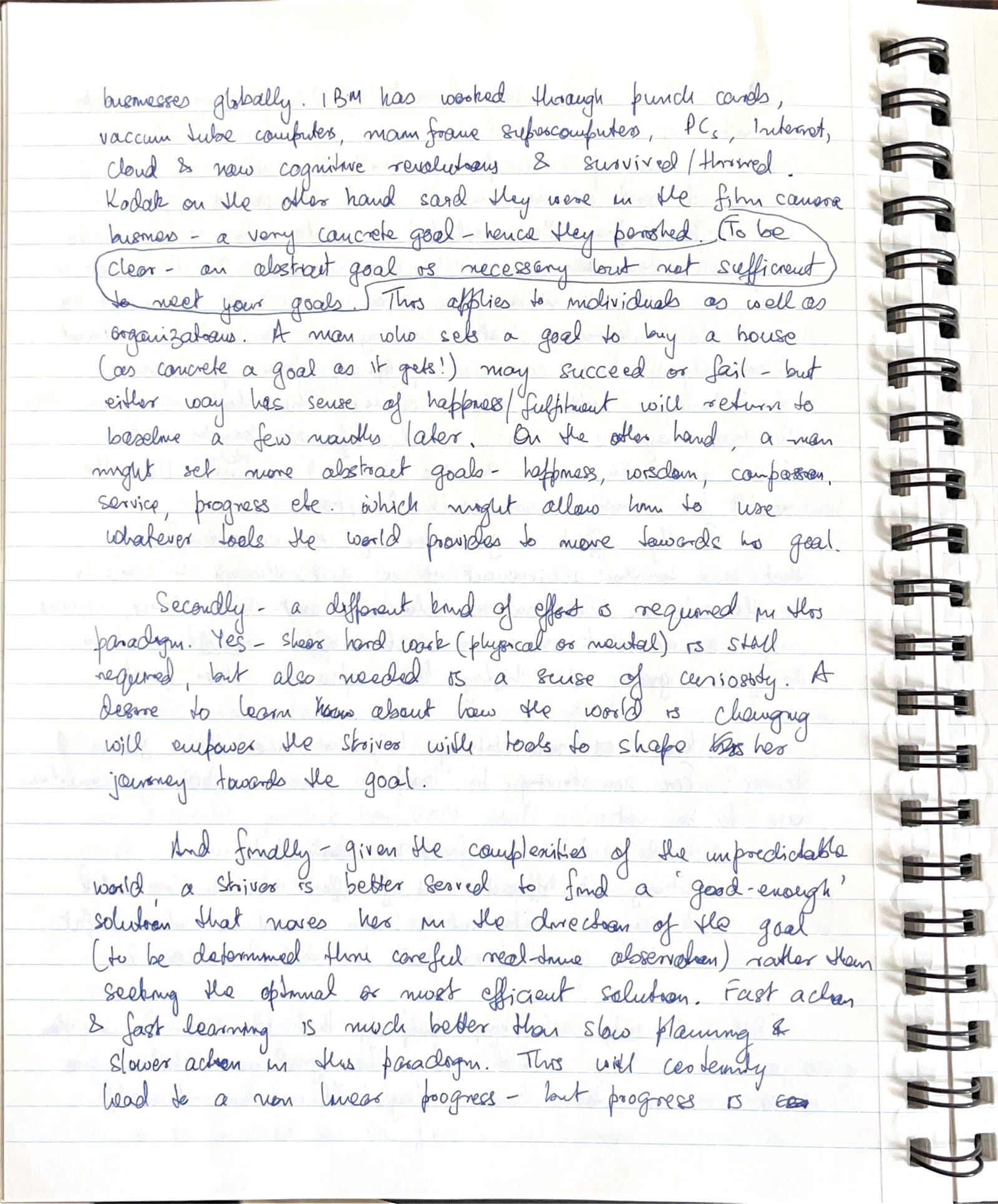 Third handwritten page of the Non-striving entry, on IBM, Kodak, and the different kind of effort non-striving requires.