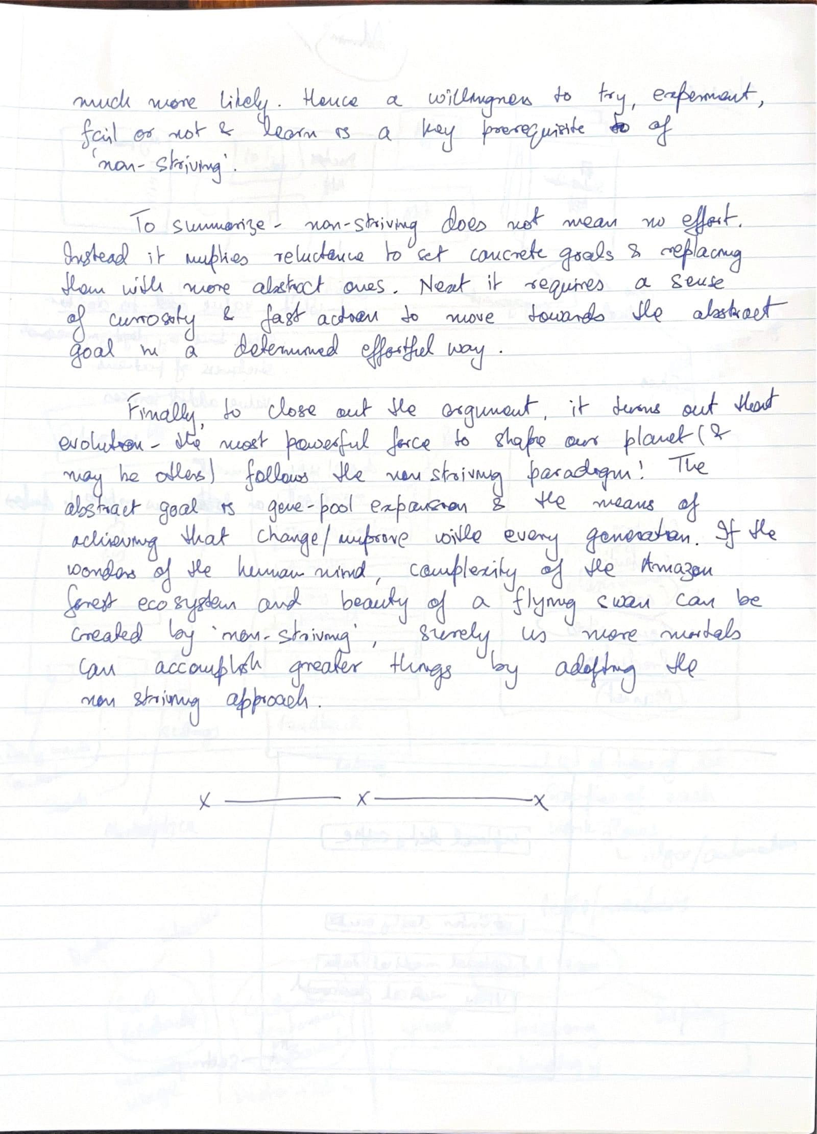 Fourth handwritten page of the Non-striving entry, closing on evolution as the non-striving paradigm.