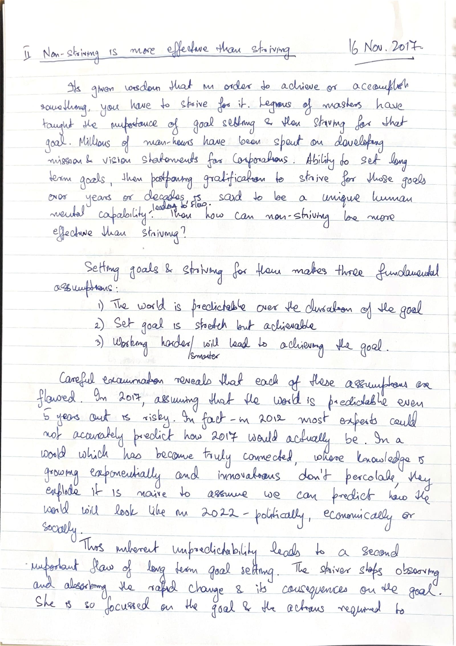 Handwritten notebook page dated 16 November 2017, titled: Non-striving is more effective than striving.