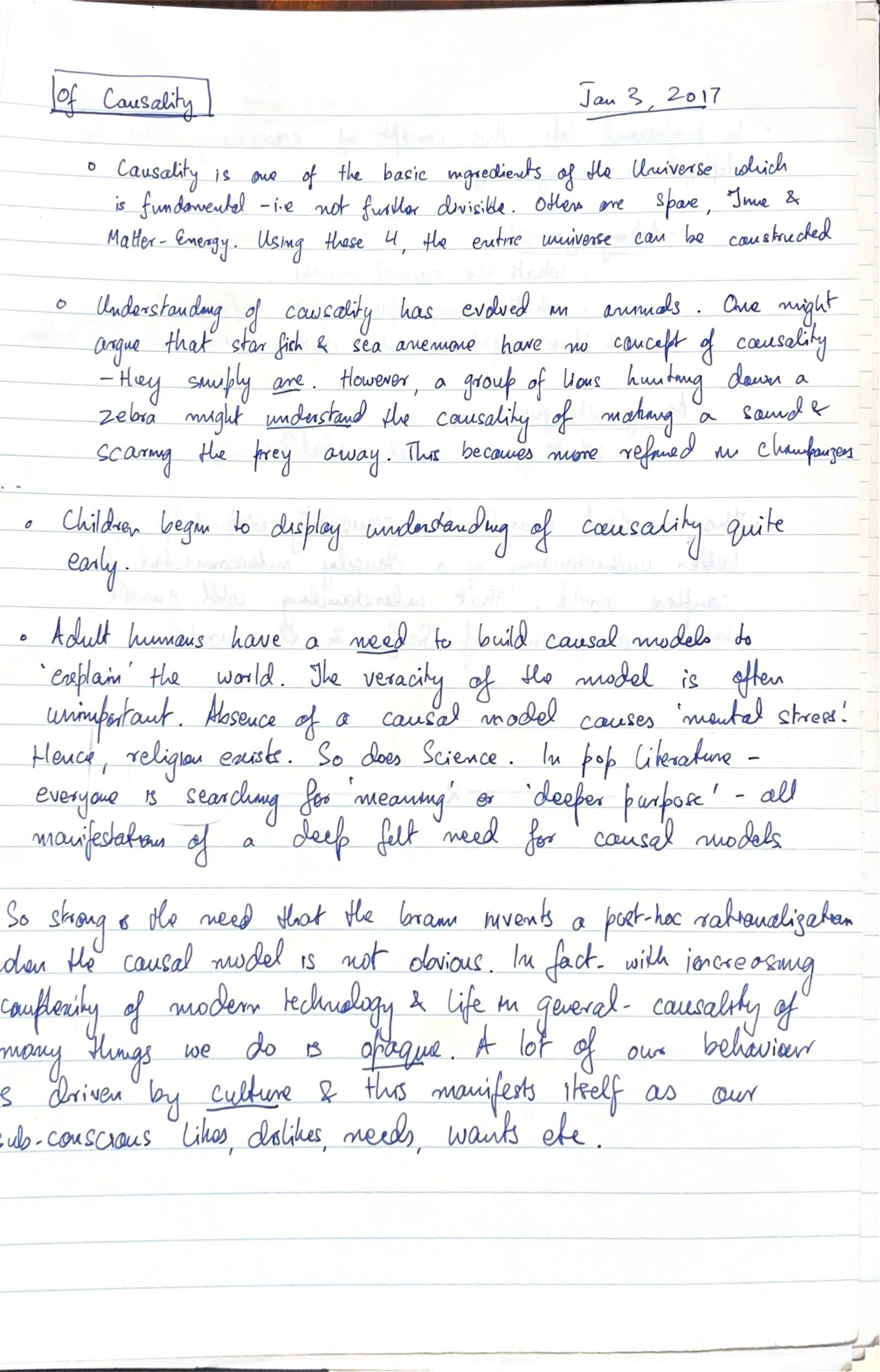 First handwritten page of the Of Causality entry, dated 3 January 2017.