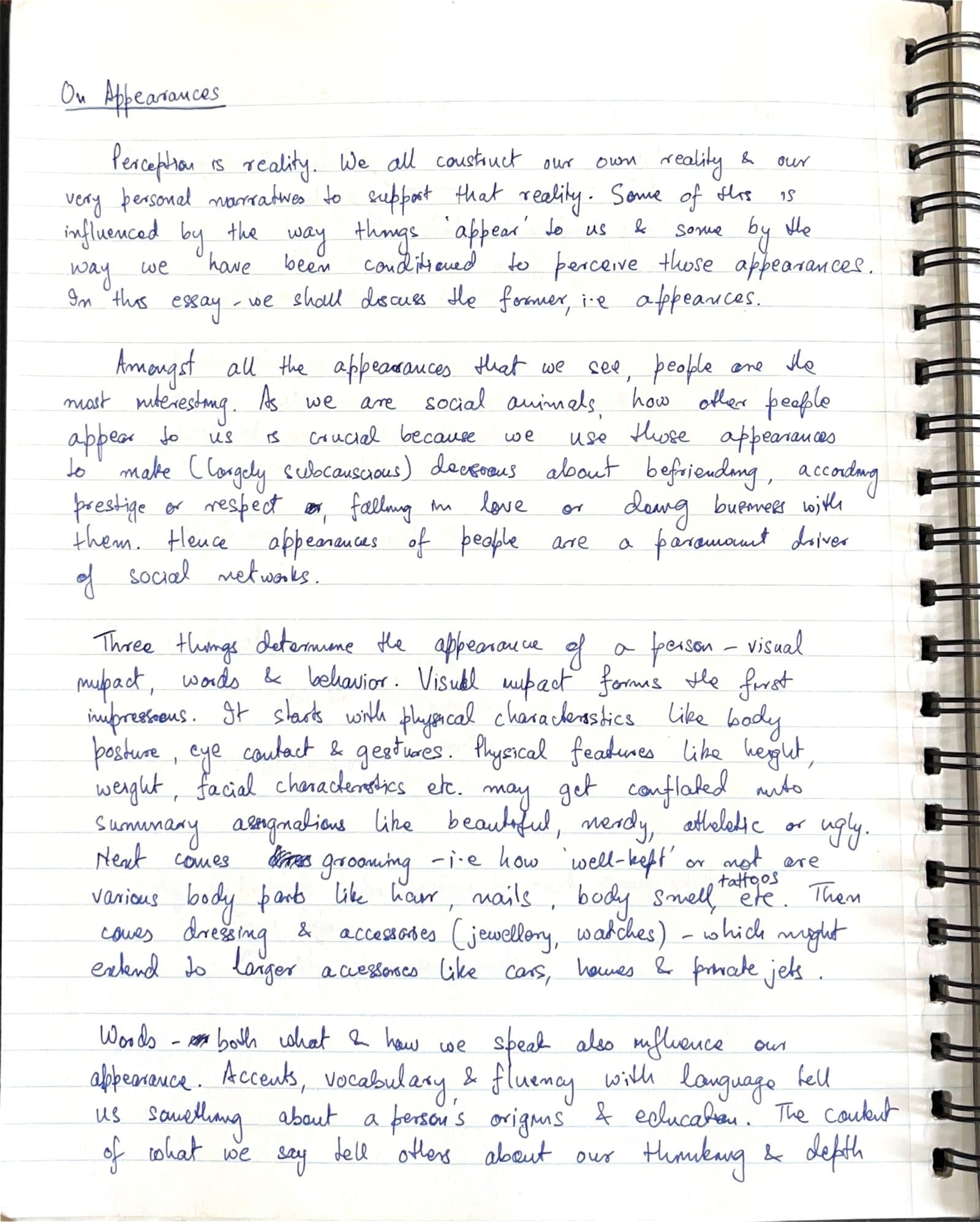First handwritten page of the On Appearances entry: perception is reality, and three things determine the appearance of a person.