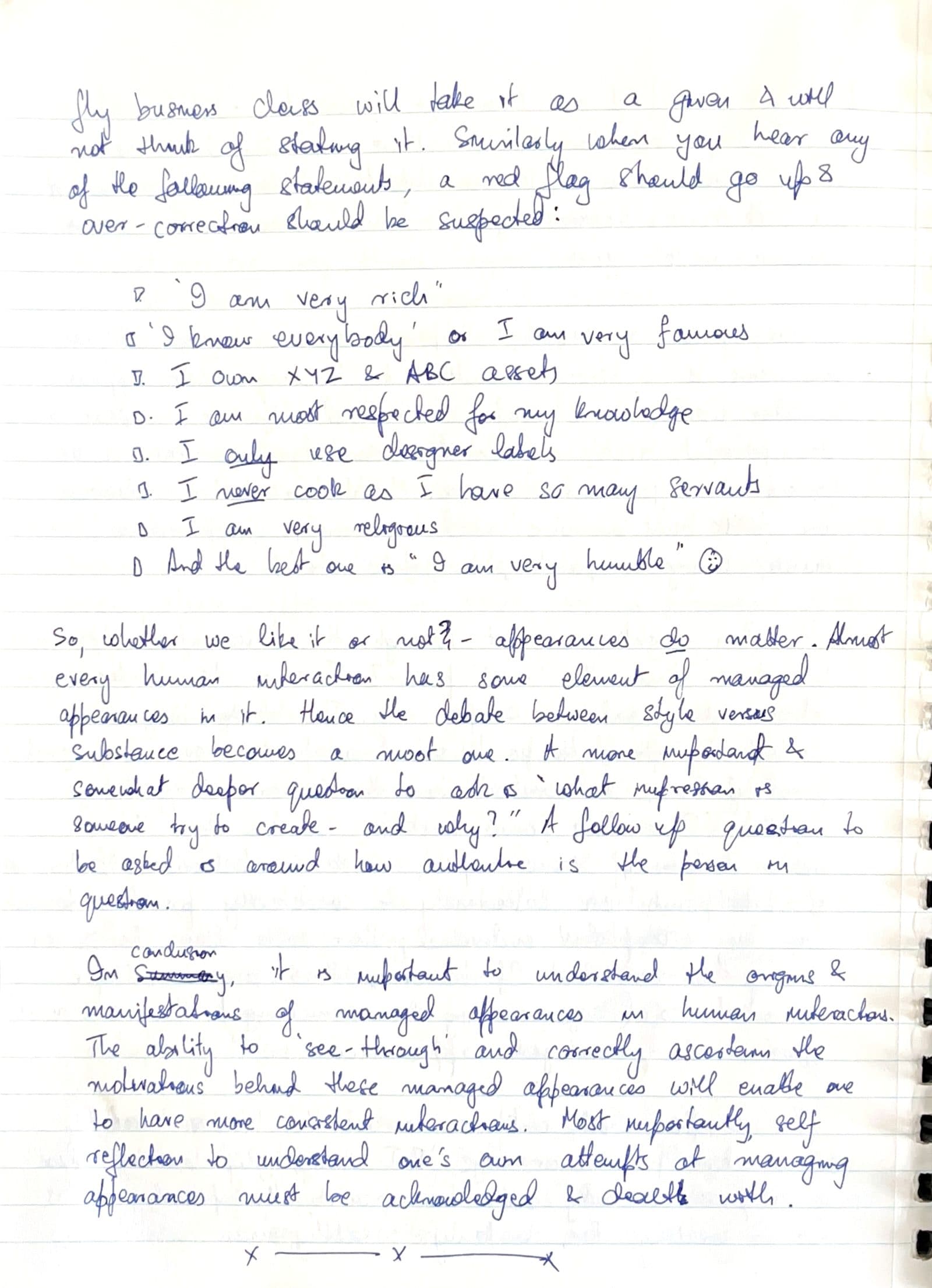 Third handwritten page of the On Appearances entry, with the red-flag list ending: and the best one is, I am very humble.