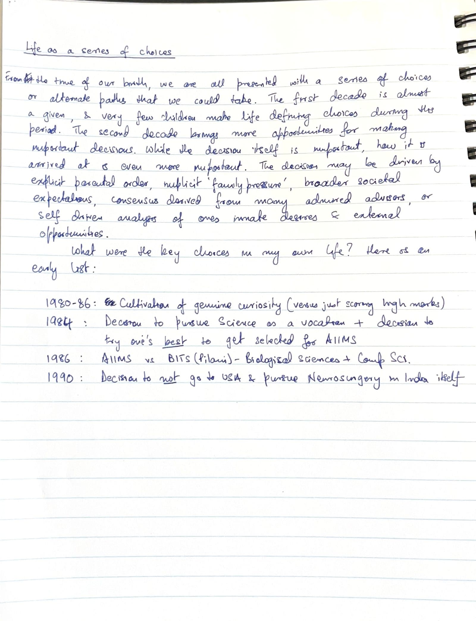 Handwritten notebook page titled Life as a series of choices, ending in a dated list of decisions from 1980 to 1990.