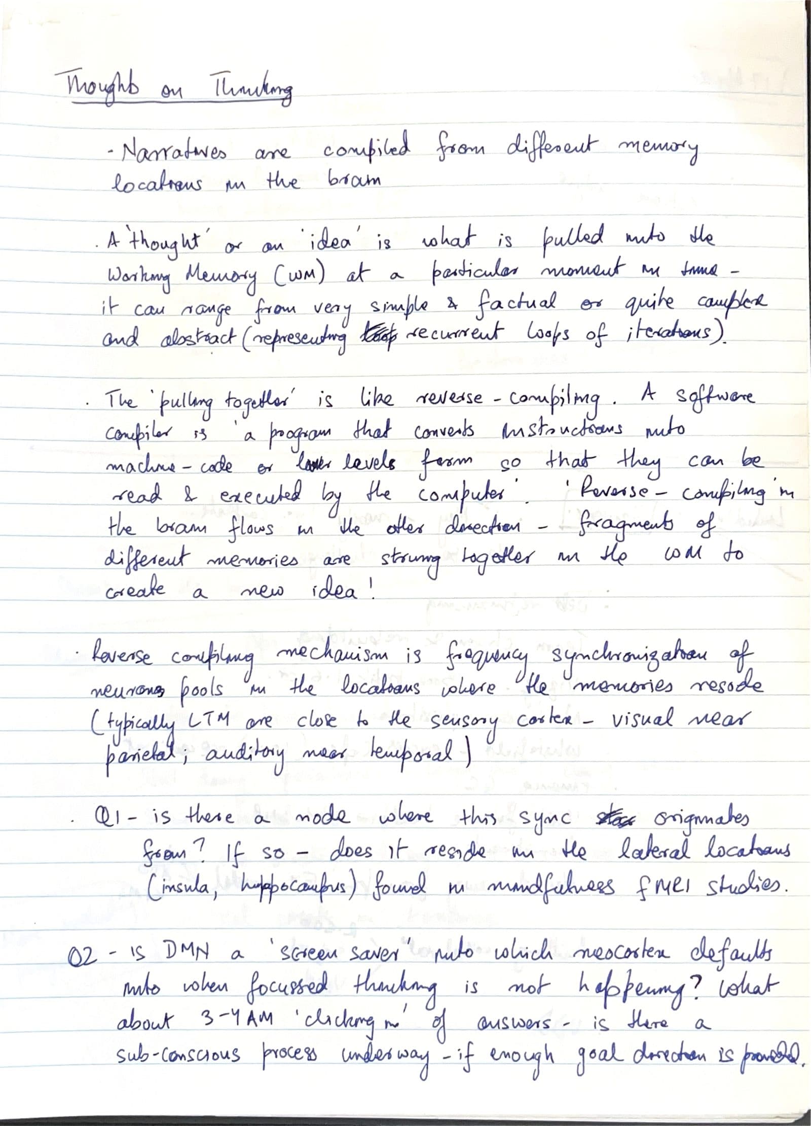 Handwritten notebook page titled Thoughts on Thinking, with bullet notes and two numbered research questions.