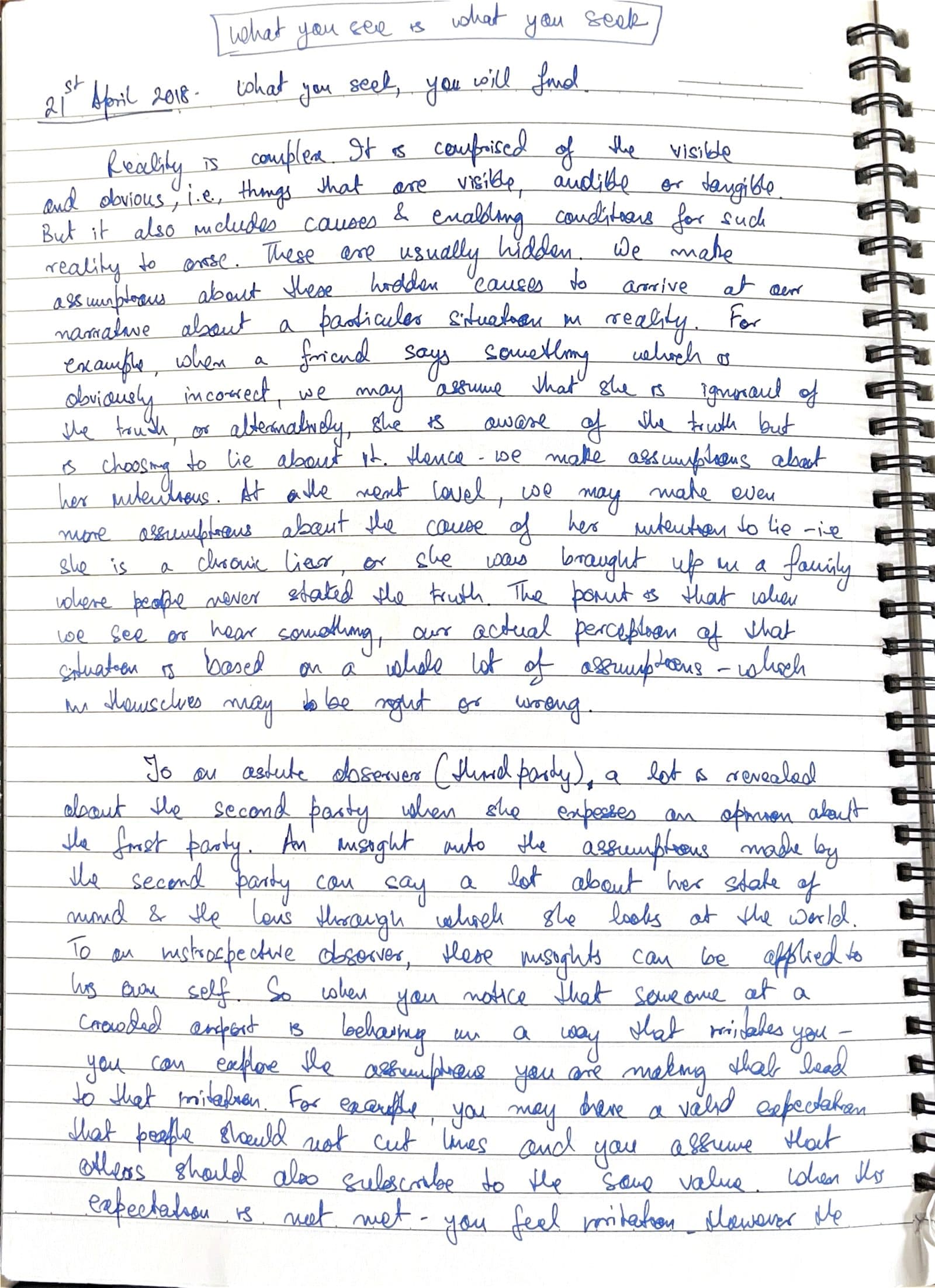 First handwritten page of the entry What you see is what you seek, dated 21 April 2018, with the subtitle: What you seek, you will find.