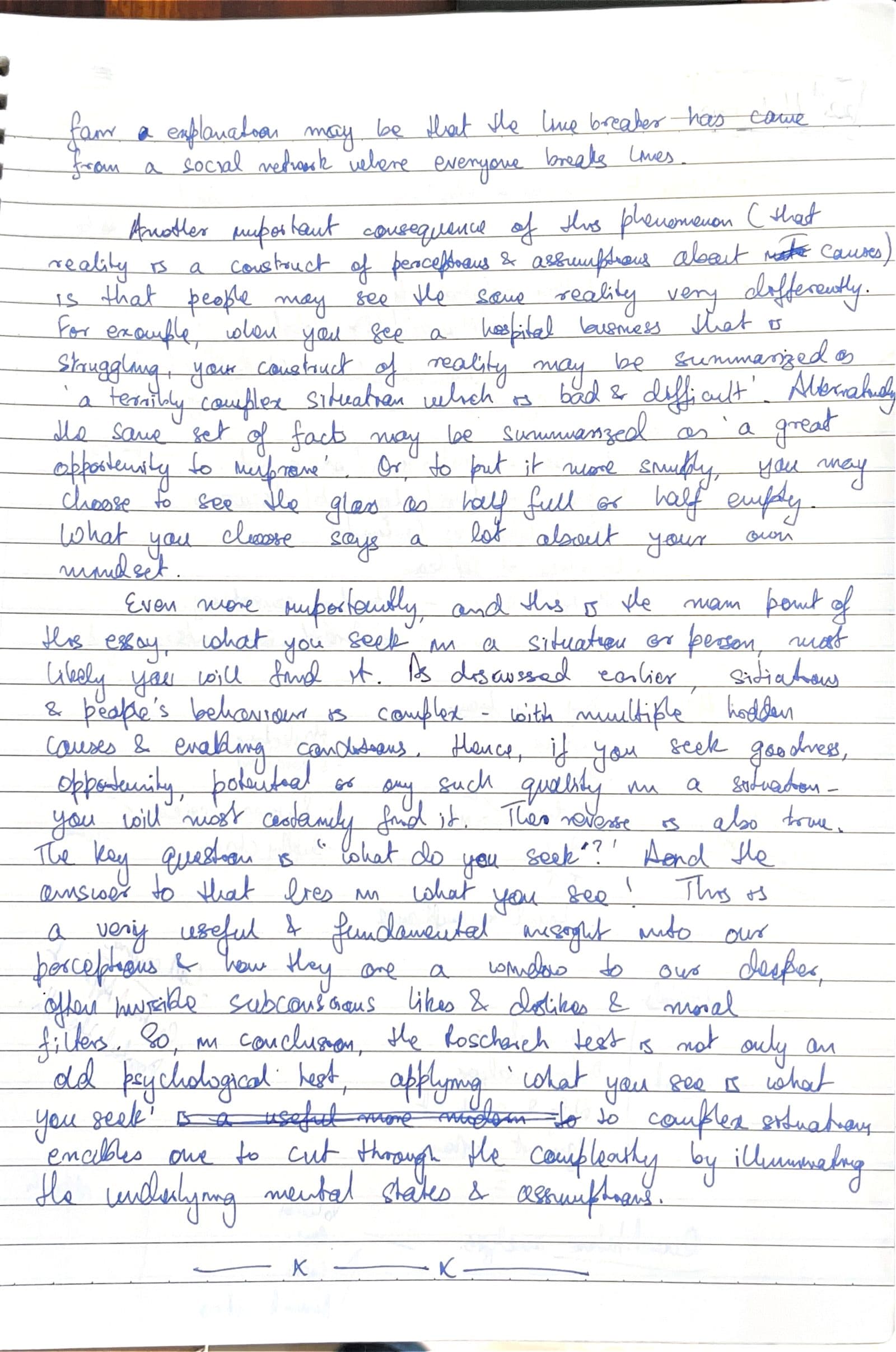 Second handwritten page of the entry What you see is what you seek, closing on the Rorschach test.